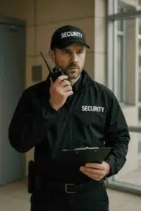 Security guard holding a walkie talkie and note taker while doing foot patrol.